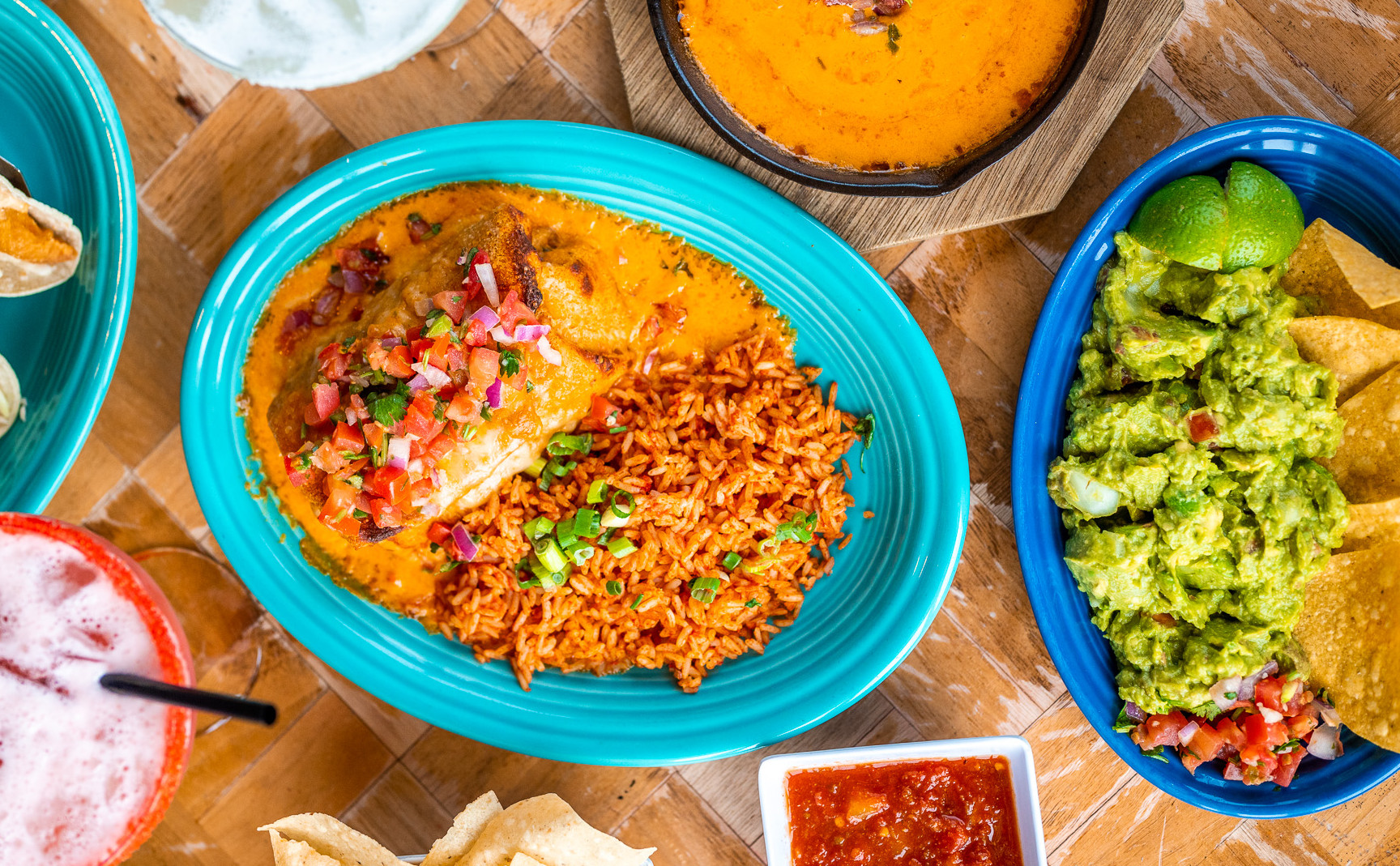 A top down view of a Mexican dinner spread.
