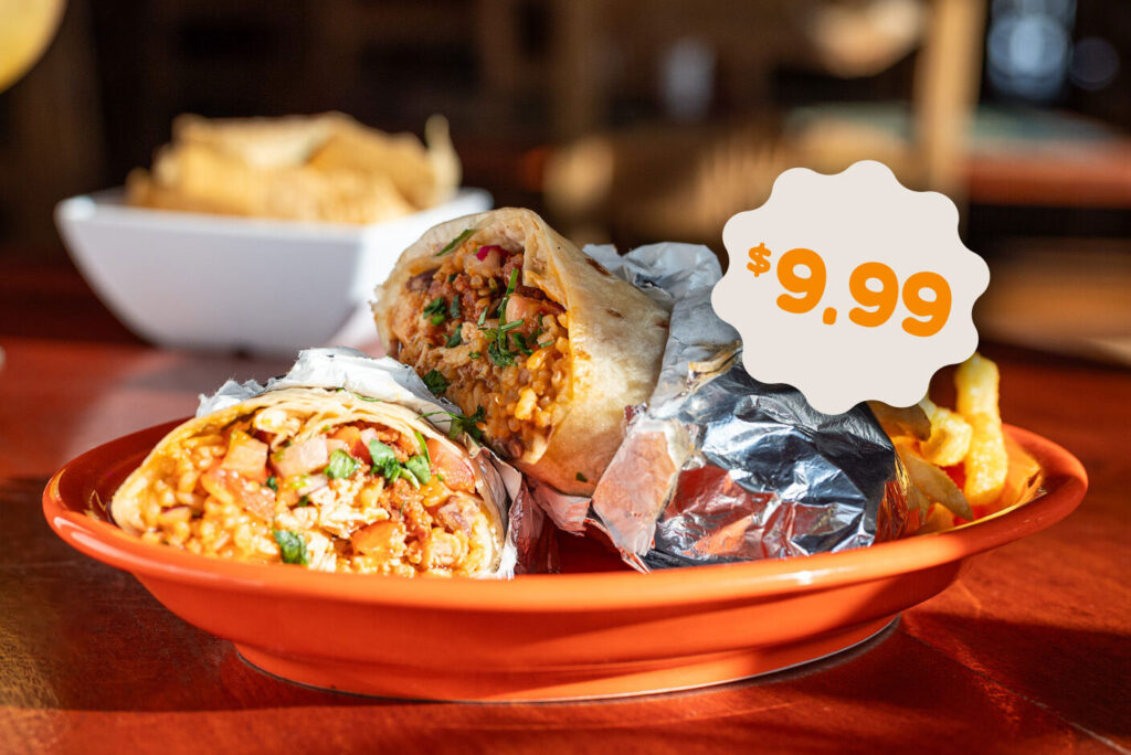 El Guapo Burrito with $9.99 price tag over top of image
